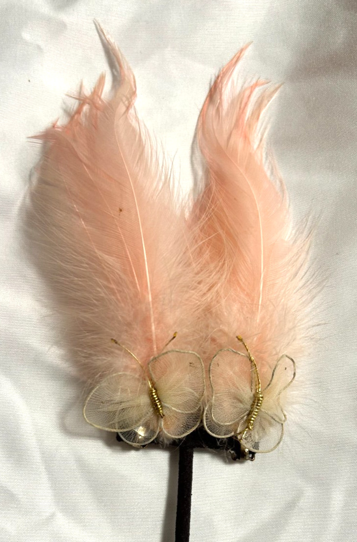 Vintage 1950’s Real Feather Butterfly Pink Special Occasion Earrings Clip-On 6″