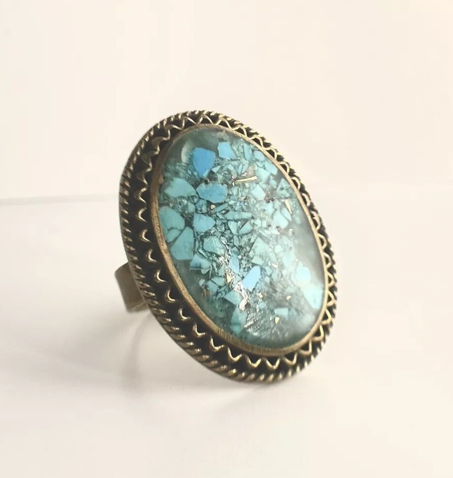 Vintage Ring Turquoise Brass Handmade Art Antique Egyptian Collectibles