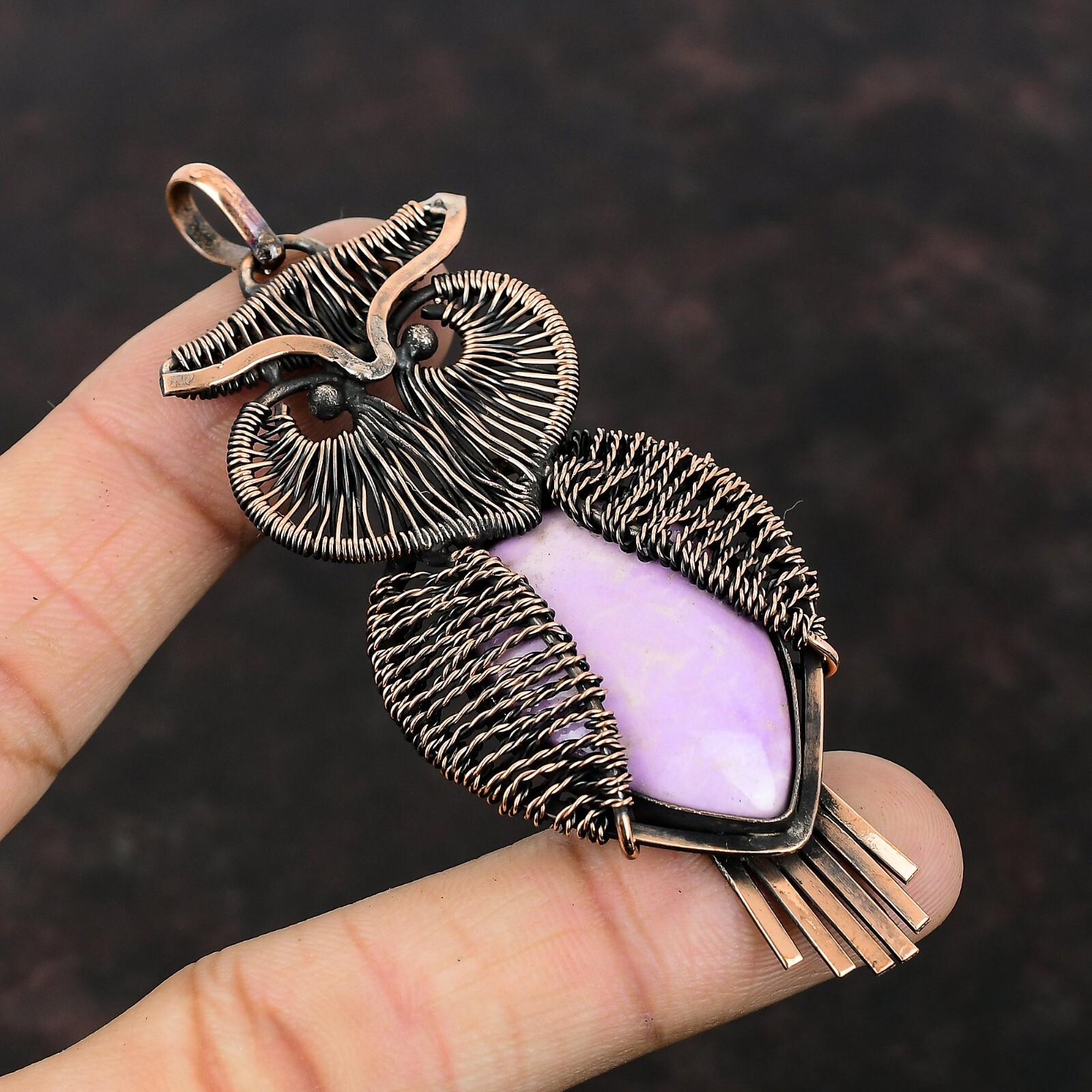 Phosphosiderite Gemstone Jewelry Copper Mom Gift Wire Wrapped Owl Pendant 3.43″