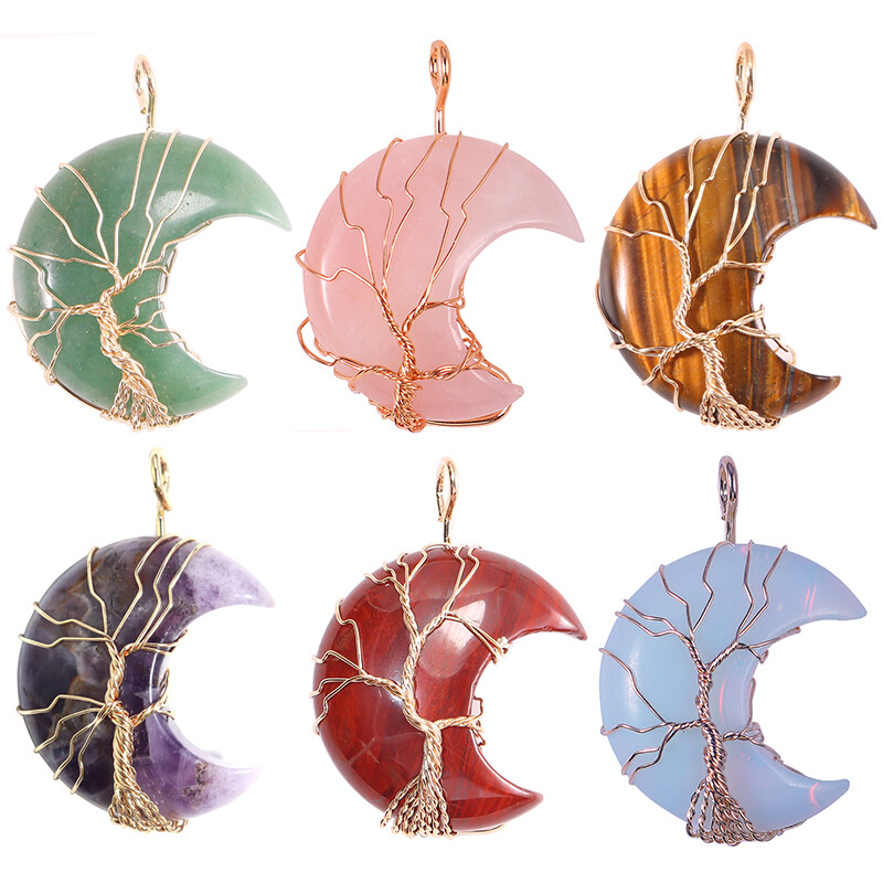 Natural Quartz Crystal Stone Moon Tree of Life Pendants Gold Wire Wrap 5pc