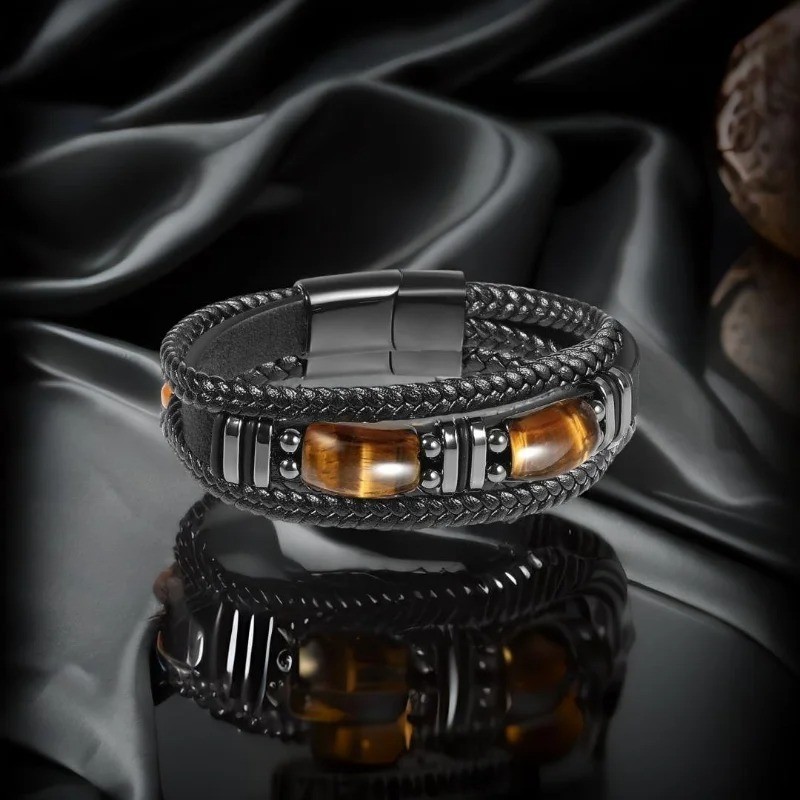 Tiger Eye Black Leather Bracelet Men Energy Crystal Stone Healing Reiki Gift USA