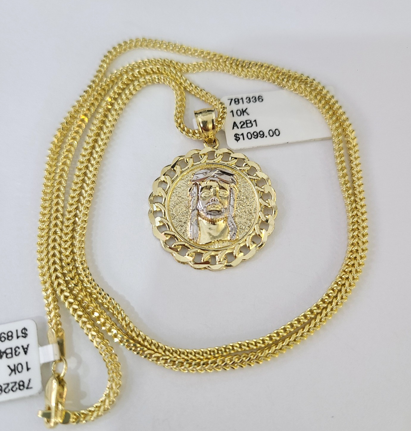 Real 10k Yellow Gold Franco Chain Jesus Head Pendant Charm 2mm Necklace