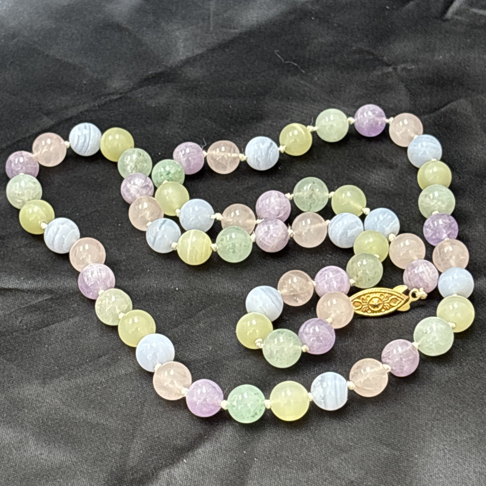 Vintage Gemstone Hand Knotted Beaded Necklace Rose Quartz Blue Agate Amethyst