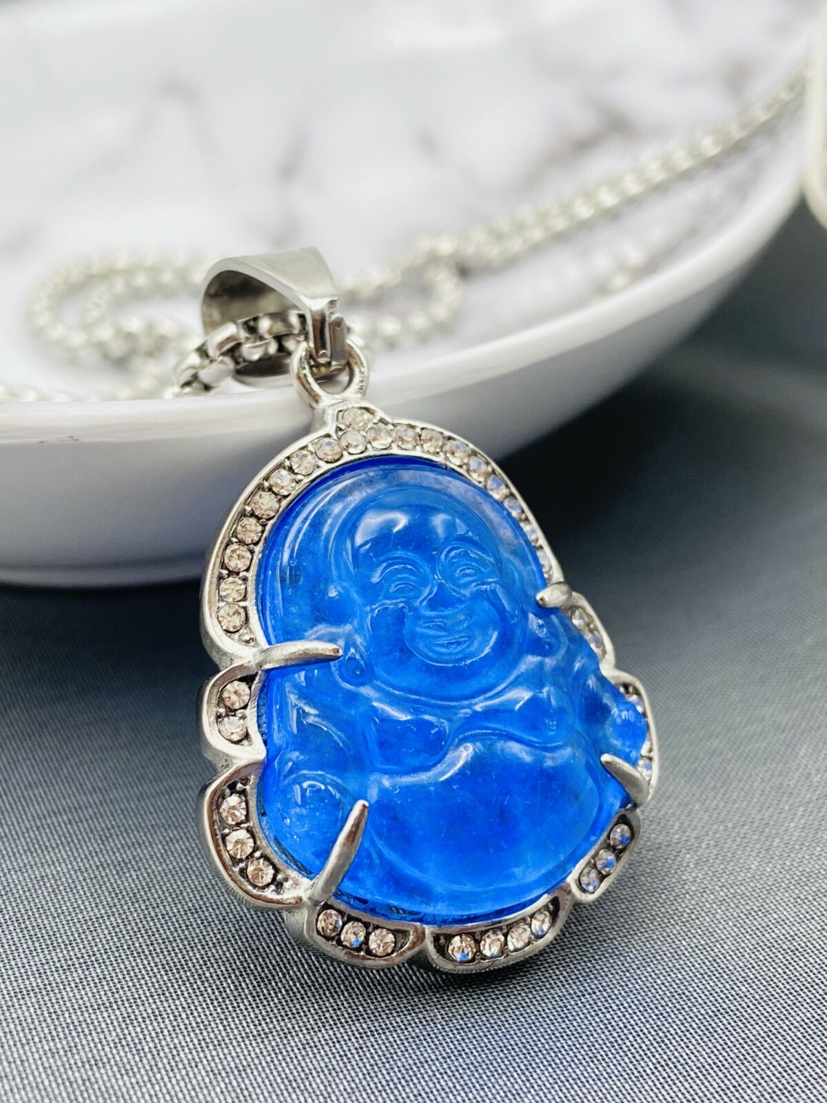 Jade Buddha Pendant Necklace 18K White Gold Plated Crystal Charm Hip Hop Chain