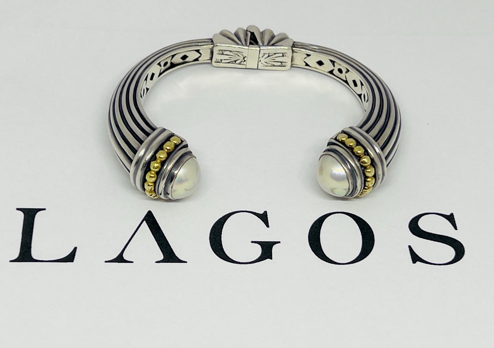 LAGOS Caviar Heavy 925/18k Yellow Gold Hinged Cuff Bracelet Mabe Pearls 64.7 g