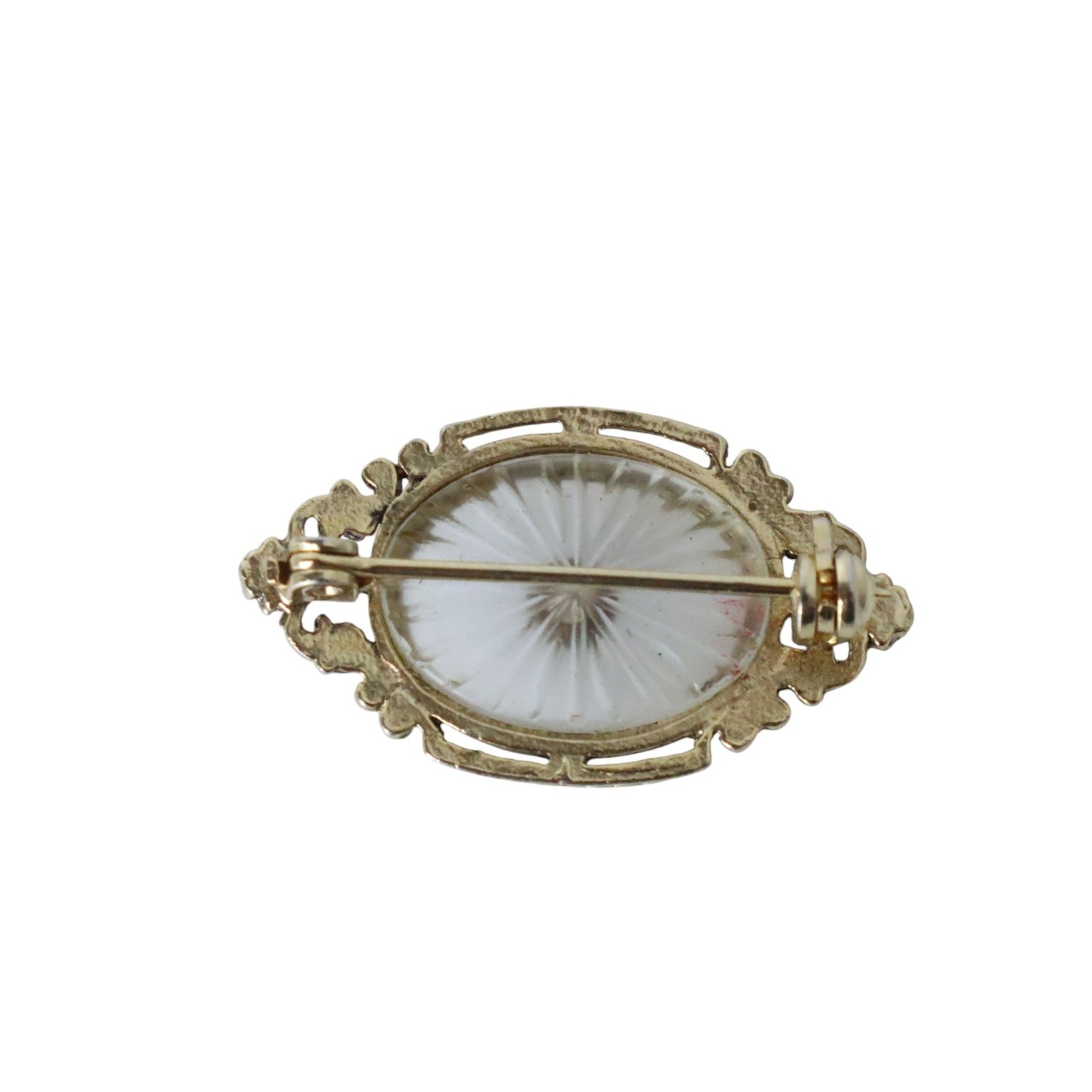 Vintage Camphor Glass Rhinestone Brooch Pin Gold Tone Filigree Oval Art Nouveau