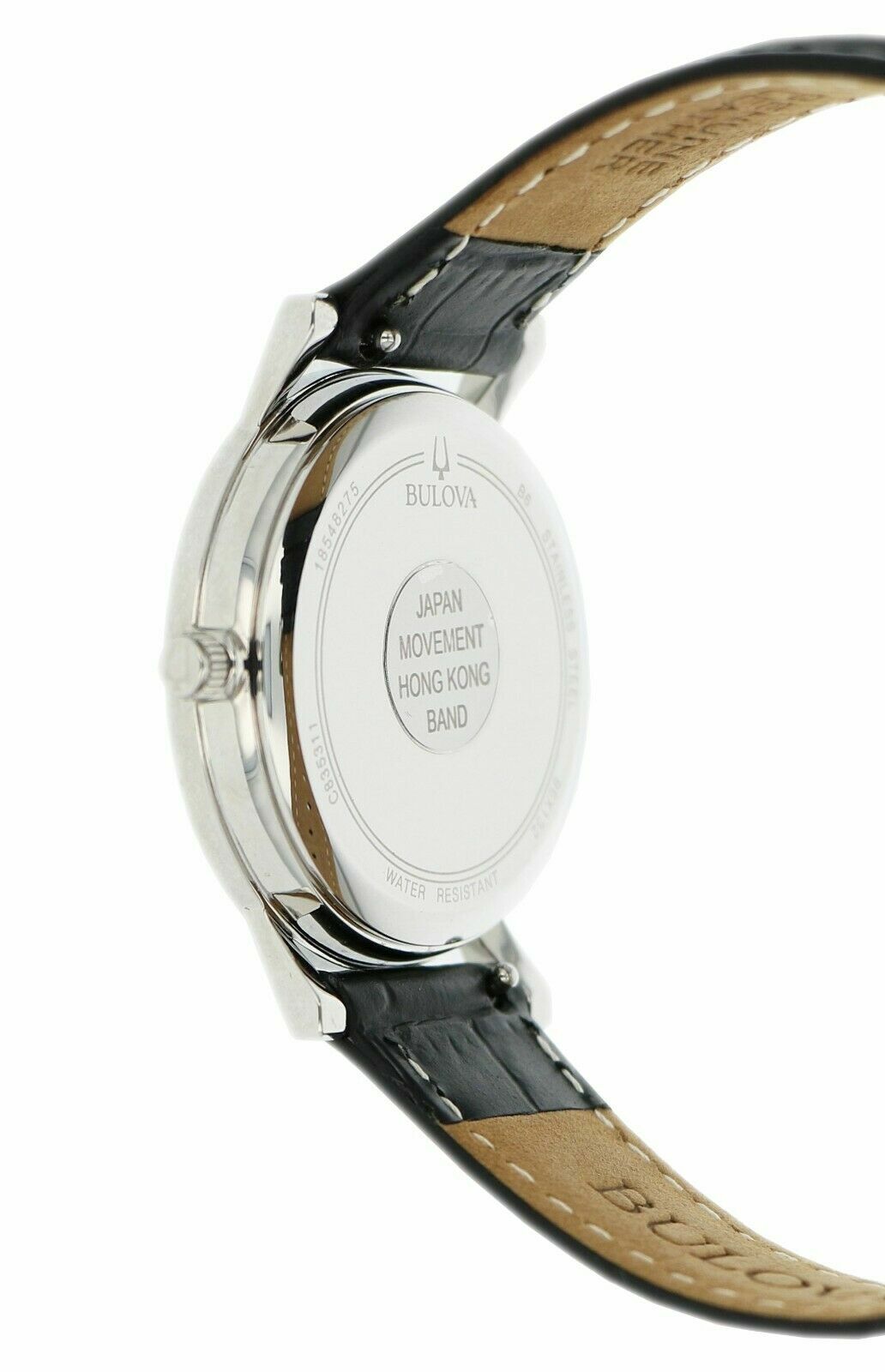 Bulova 96X132 Silver Tone White MOP Dial Black Leather Strap Womens Dress Watch