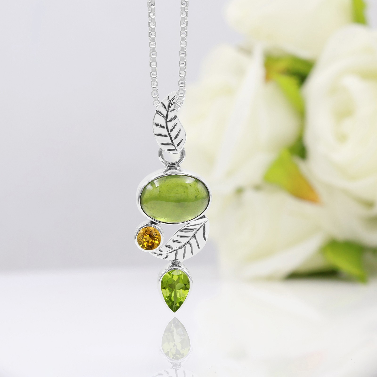 Peridot Leaf Necklace 925 Sterling Silver Gemstone Pendant for Women Gift