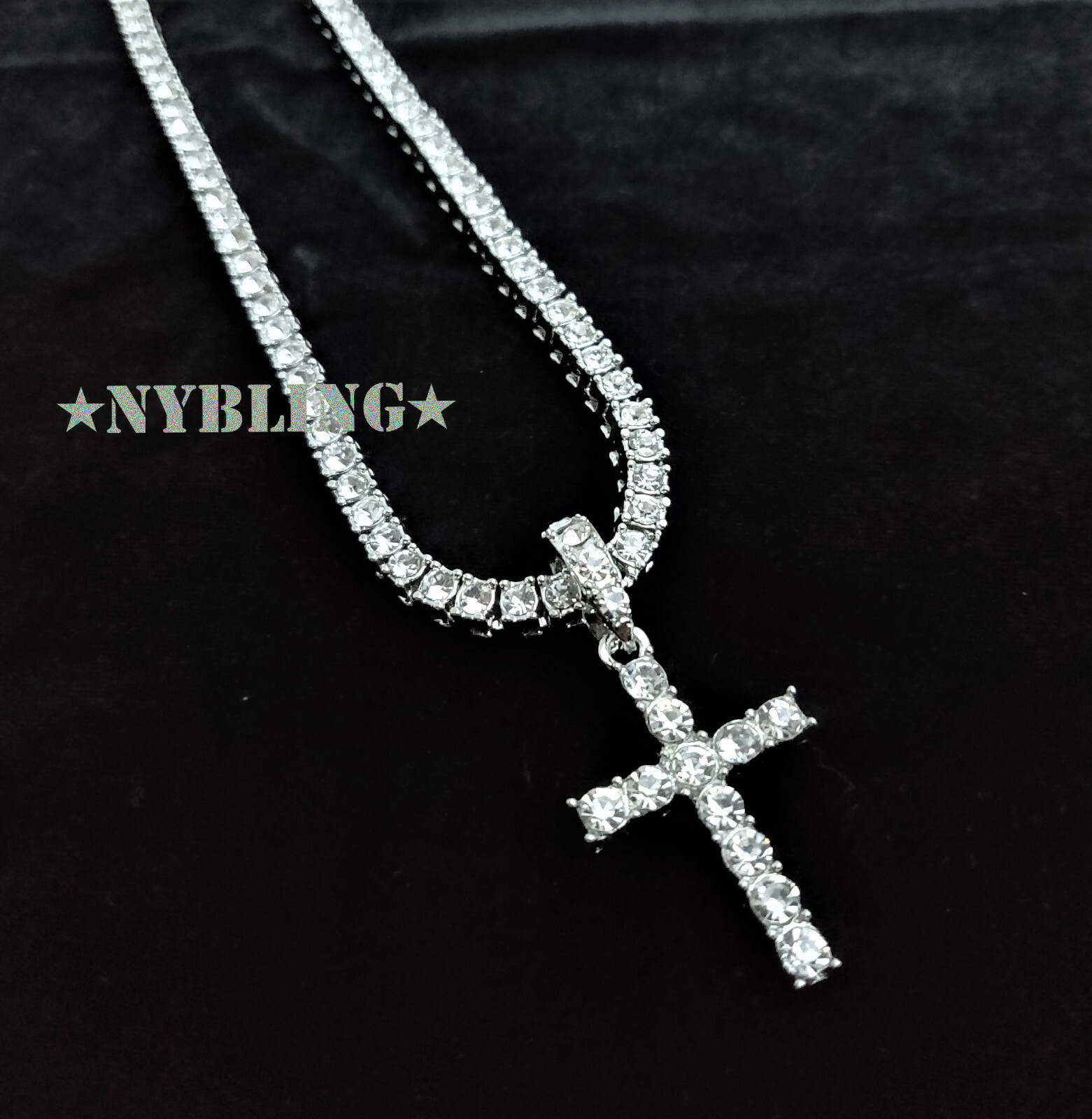 14k Gold Plated 5MM Tennis Chain with Cross Pendant ICED Choker CZ Necklace