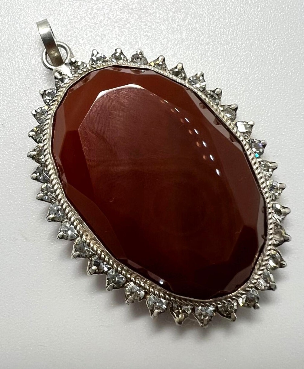 Handmade 925 Silver Pendant with Agate & Cubic Zirconia – Unique XXL Large