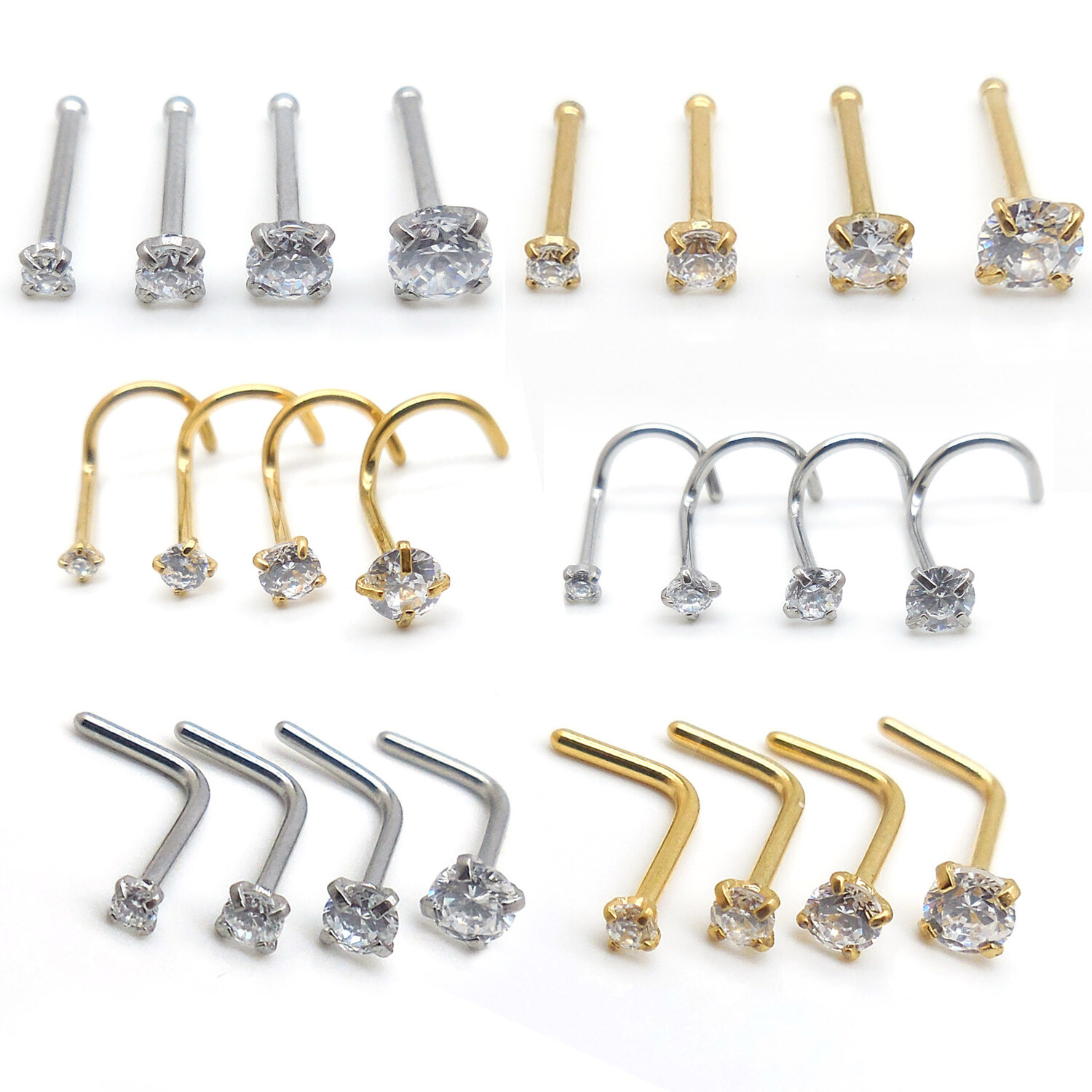 Gold Tone Clear 18G 20G Nose Stud 4 PC 1.5-3mm Bone L Shape Rings Ring Screws
