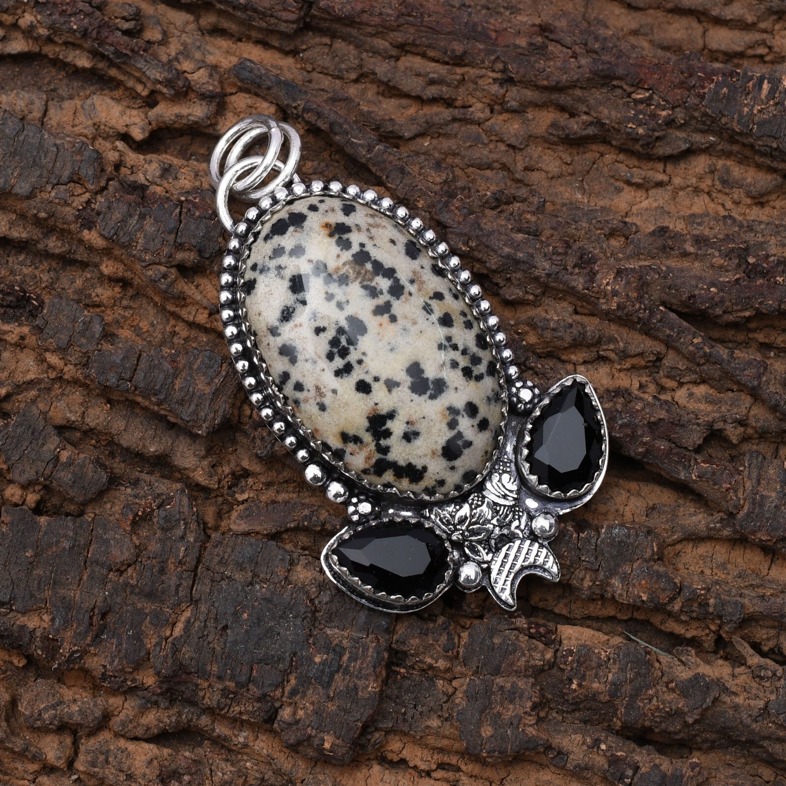 Dalmation Gemstone 925 Sterling Silver Handmade Jewelry Pendant 1.97″