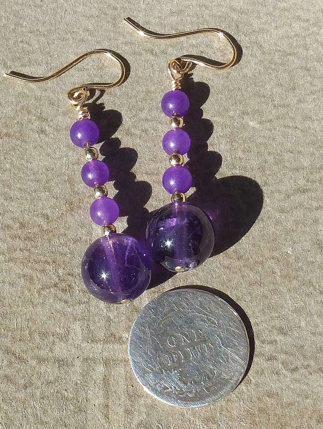 Handmade Amethyst BEAD dangle earrings in 14/20 gold filled Length 1 3/4 in.