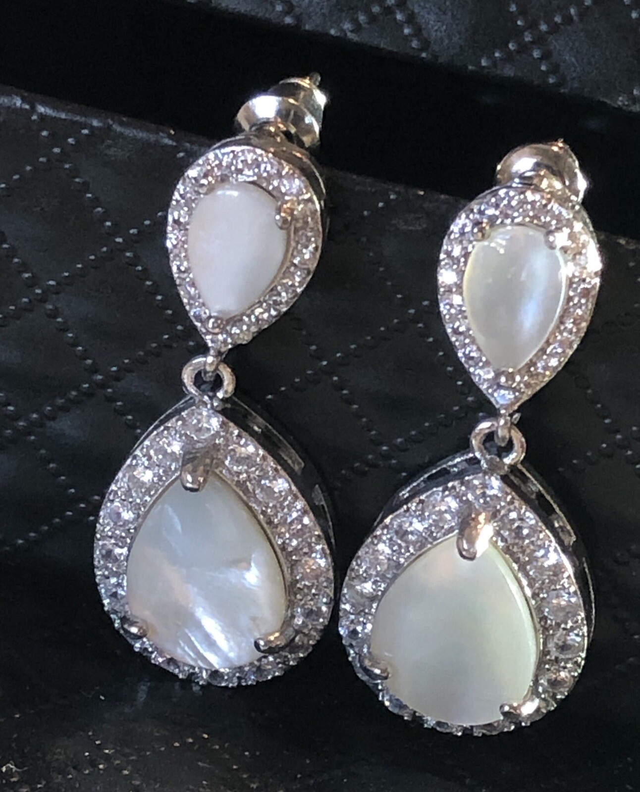 18k White Gold Plated Mother of Pearl Drop Earrings made w/ Swarovski Crystal