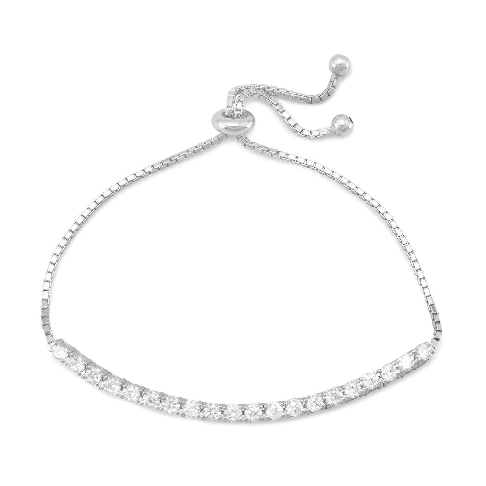 CZ Bar Friendship Bolo Bracelet Rhodium Plated 925 Silver 3mm Adjustable