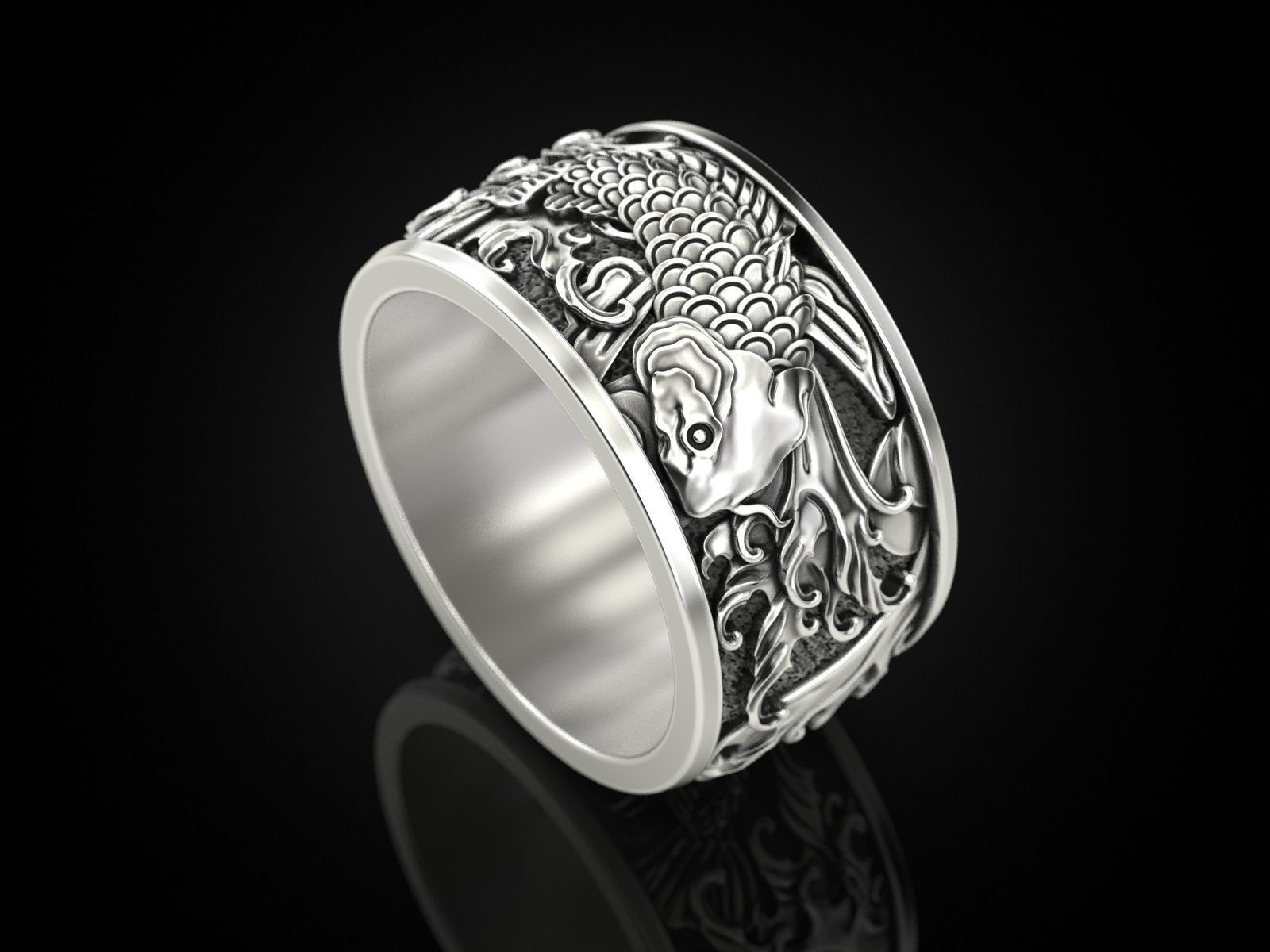 Oxidized Mens Two Japanese Carp & Waves Gothic 925Sterling Silver Statement Ring