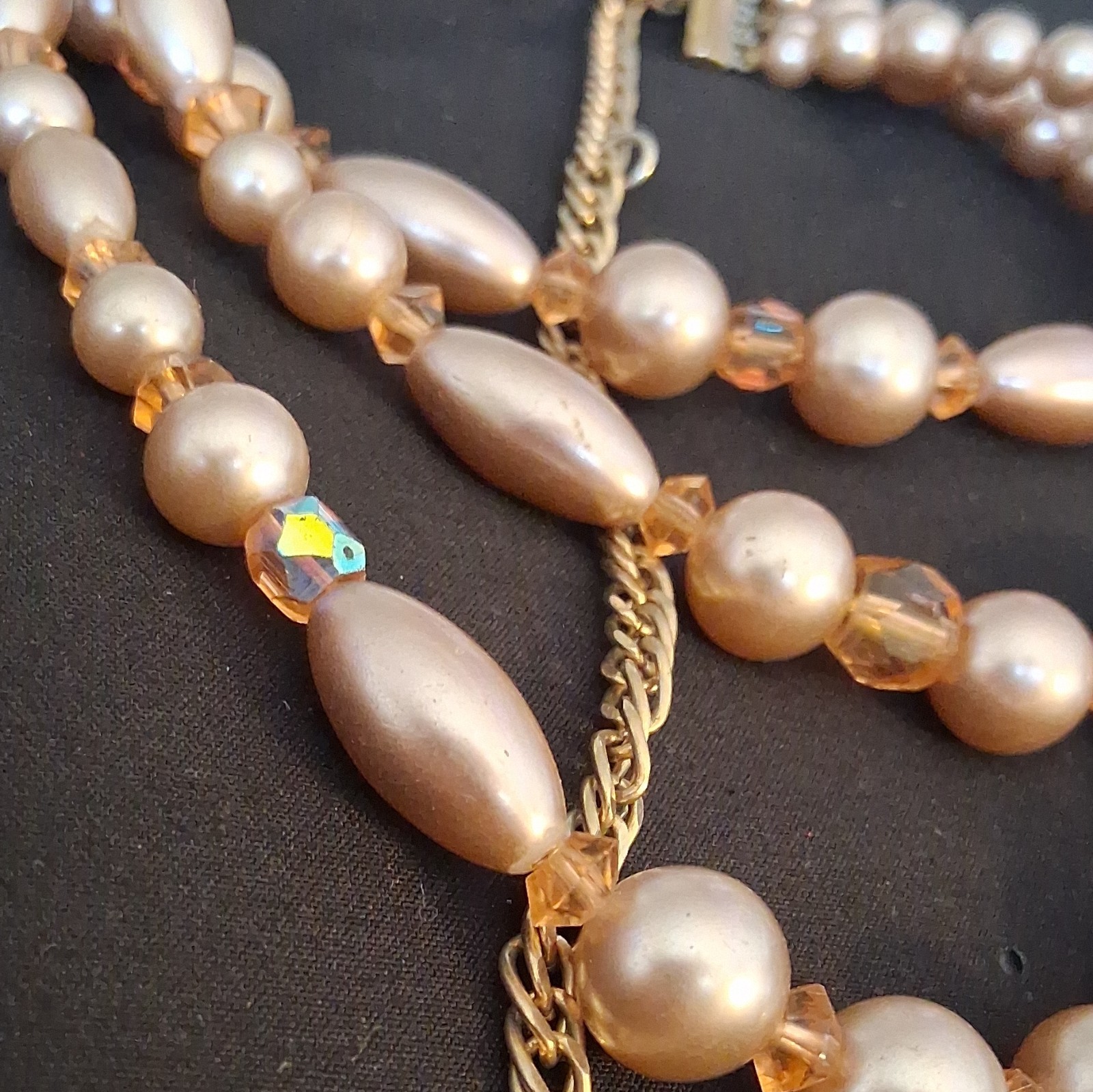 Multi-Strand Beaded Necklace Champagne Imitation Pearl Crystal Gold Curb Chain