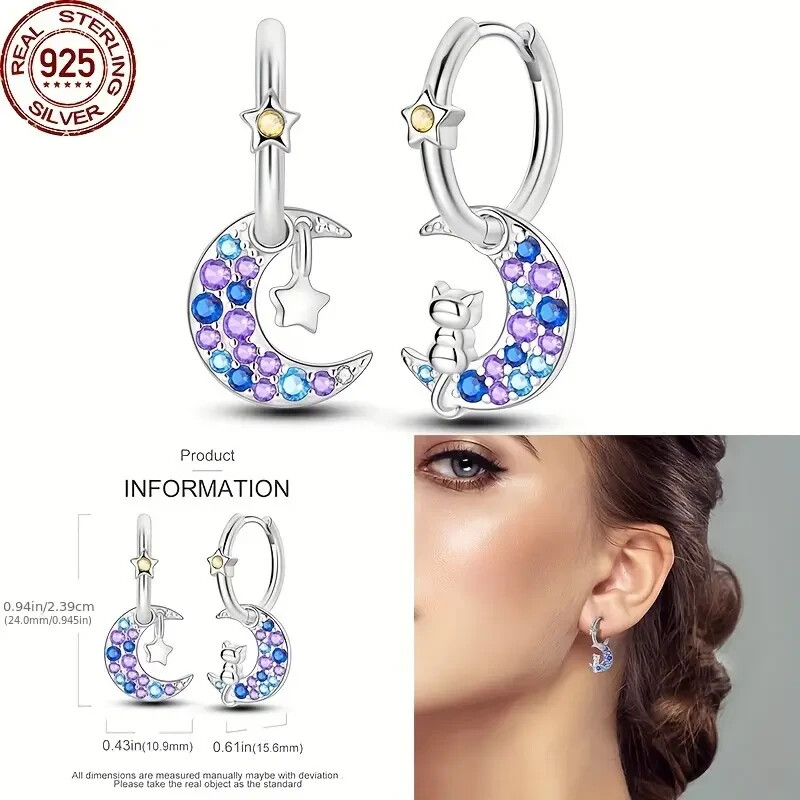 925 Sterling Silver Cat & Star Crescent Moon C/Z Hoop Drop Earrings in Gift Box