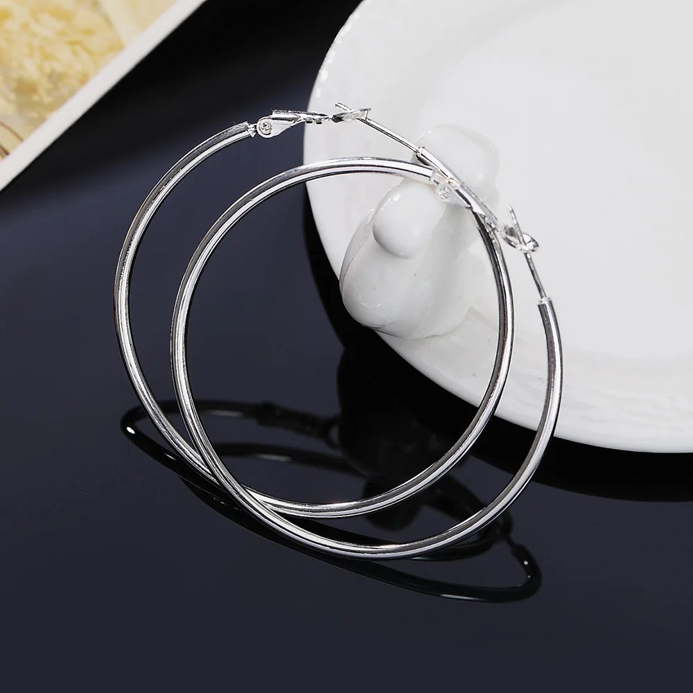 925 Sterling Silver Women Jewelry 50/60/70/80MM Round Big Hoop Earring For Women