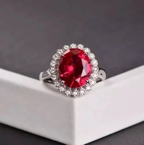 5.00Ct Oval Cut Cut Natural Red Ruby & Diamond 14K White Gold Engagement Ring