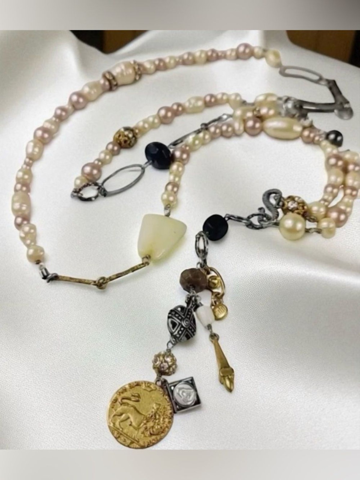 Cabi #2147 Treasure Necklace Mixed Media Pearls Charms Gold Silver Boho Chic