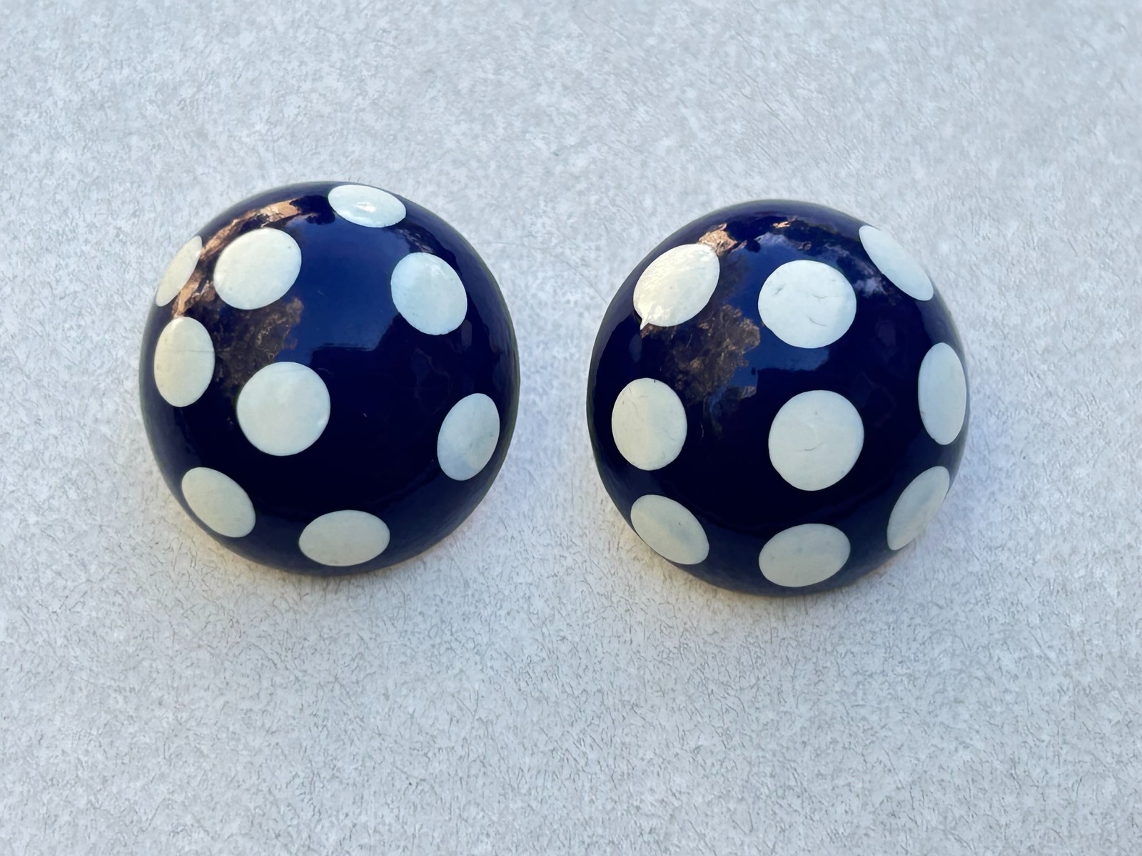 Vintage Style Navy Blue & White Polka Dot Domed Button Stud Earrings Retro Chic