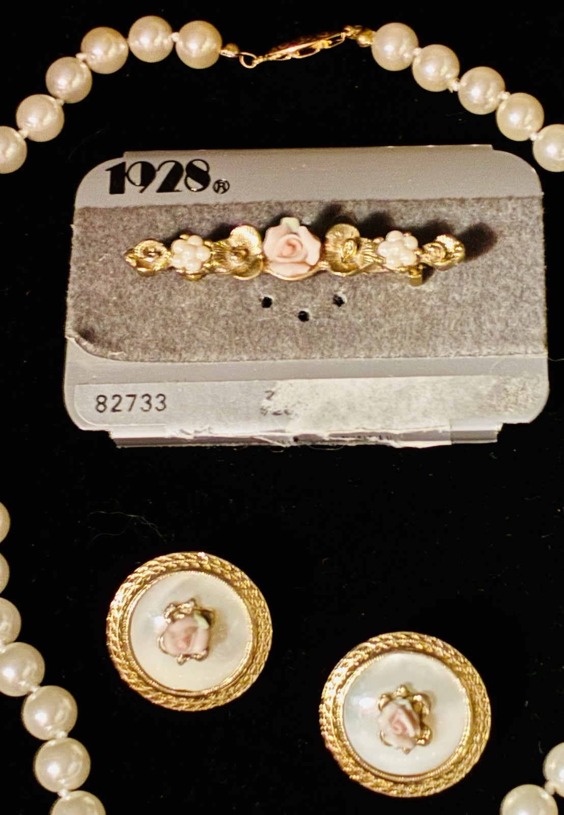 Vintage Romantic Jewelry Lot 1928 NOS Brooch Rose Earrings Pearls Necklace Etc