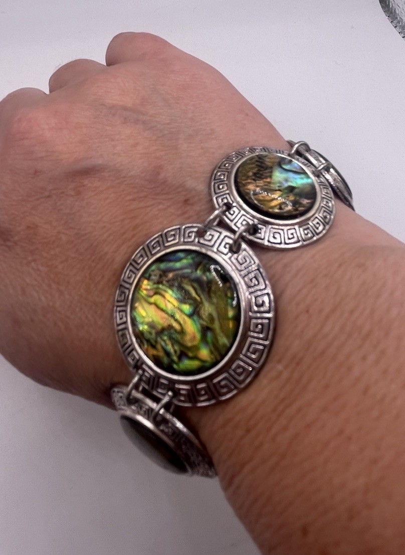 Vintage Silver Tone Abalone Shell Greek Key Link Bracelet Boho Hippie Jewelry 8”
