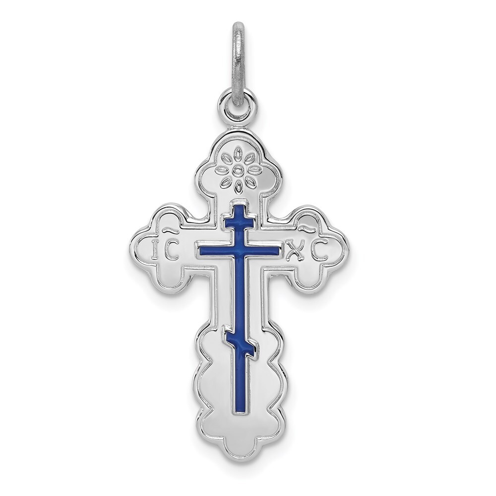 Rhodium-Plated Sterling Silver Eastern Orthodox Blue Enamel Cross Pendant
