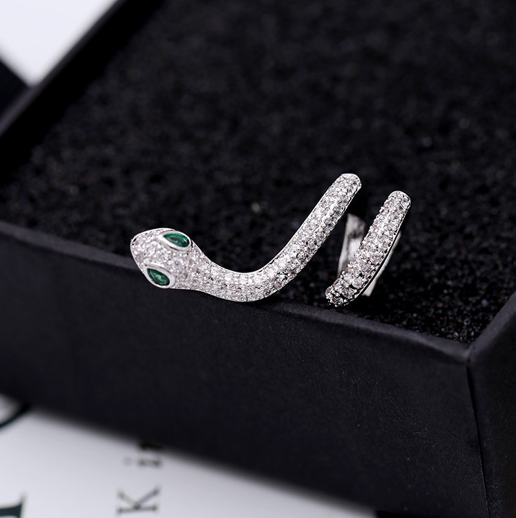 18k white gold CZ snake green eyes single left earring ear cuff climber Box PE37