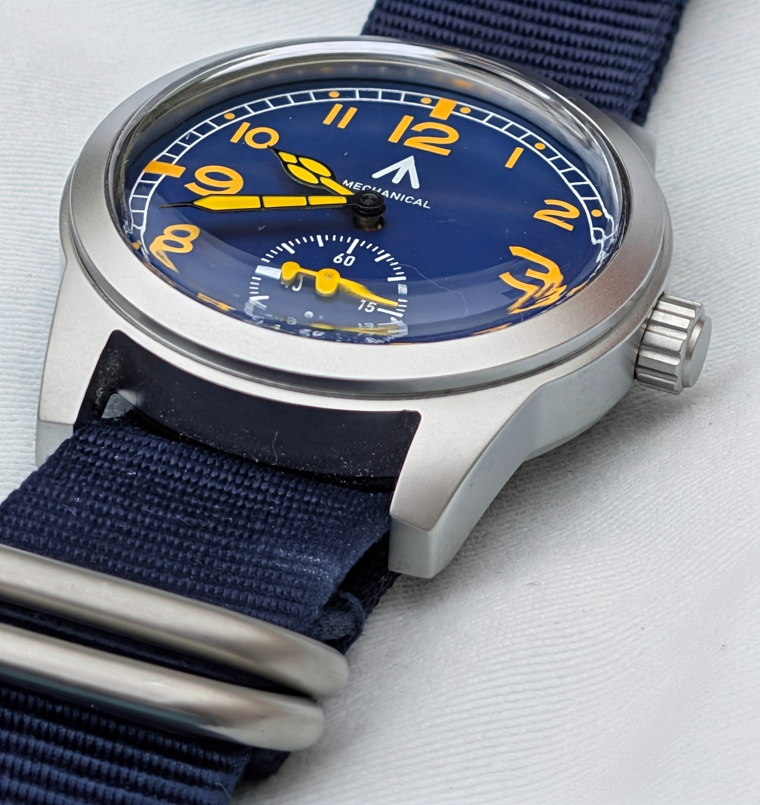 Mechanical Dirty Dozen Military watch Blasted Stainless steel blue 39mm
