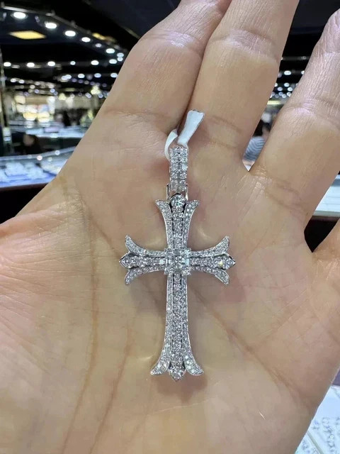 4Ct Round Cut Real Moissanite Mens Womens Cross Pendant in 14K White Gold Plated