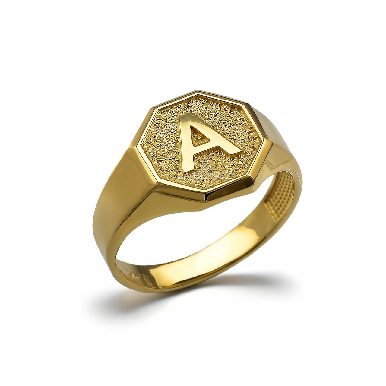 Men’s 10K Yellow Gold Letter Initial Octagon Signet Ring Personalized A–Z
