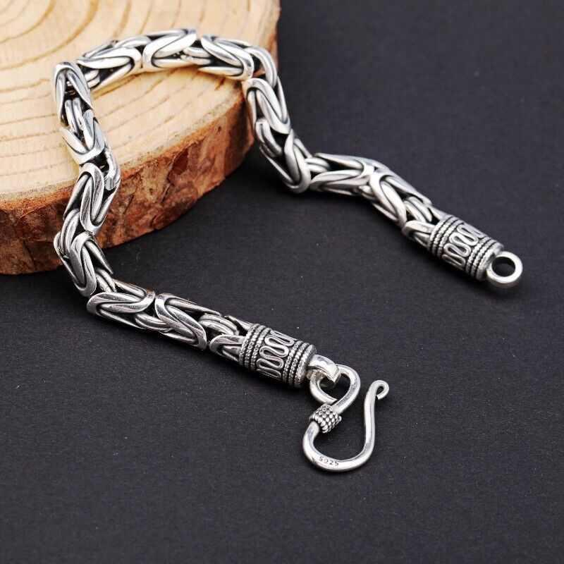 Real S925 Sterling Silver Men Women 4mm Round Byzantine Link Chain Bracelet