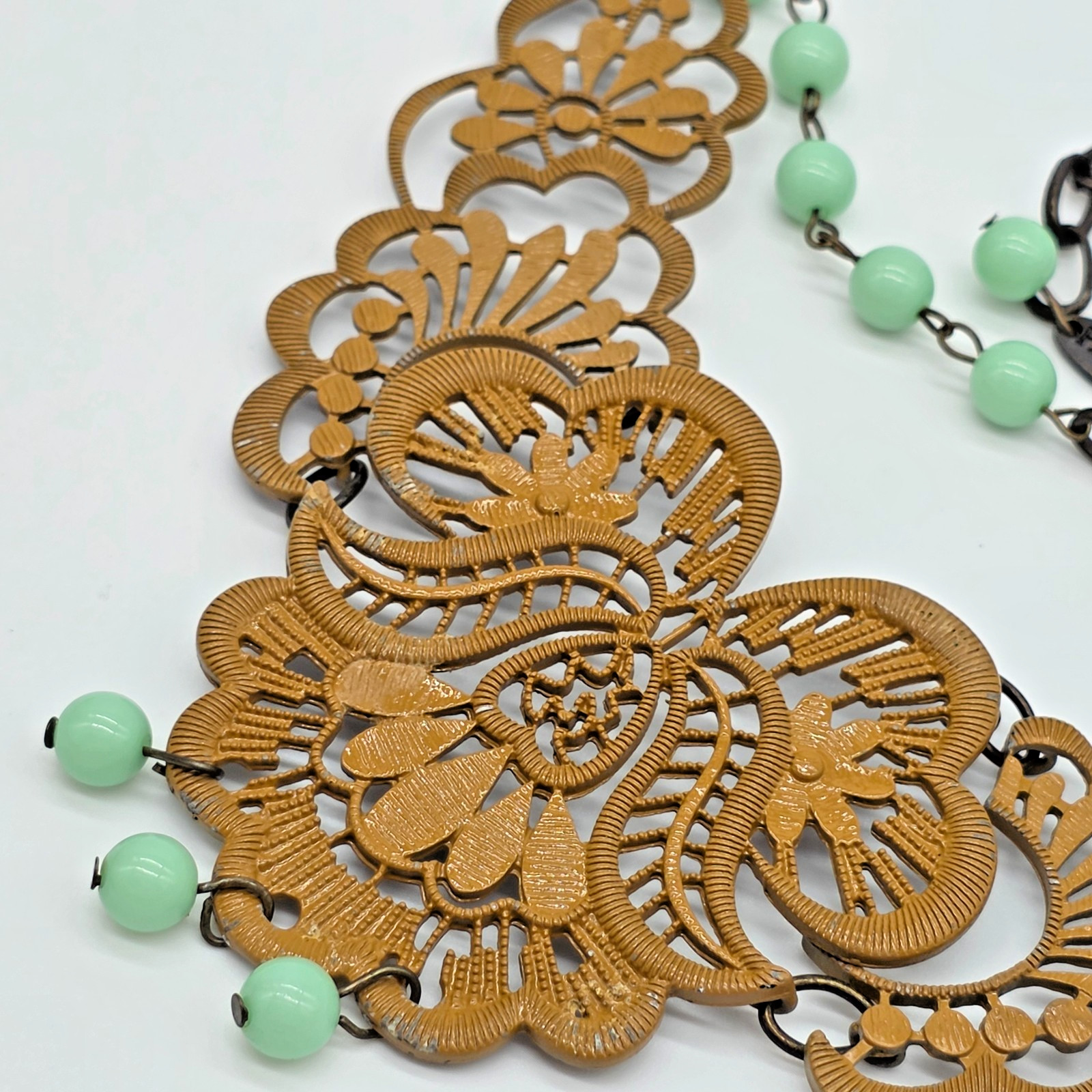 Plunder MAIZIE Bib Necklace Mustard Yellow Floral Lace Mint Green Beads 22”