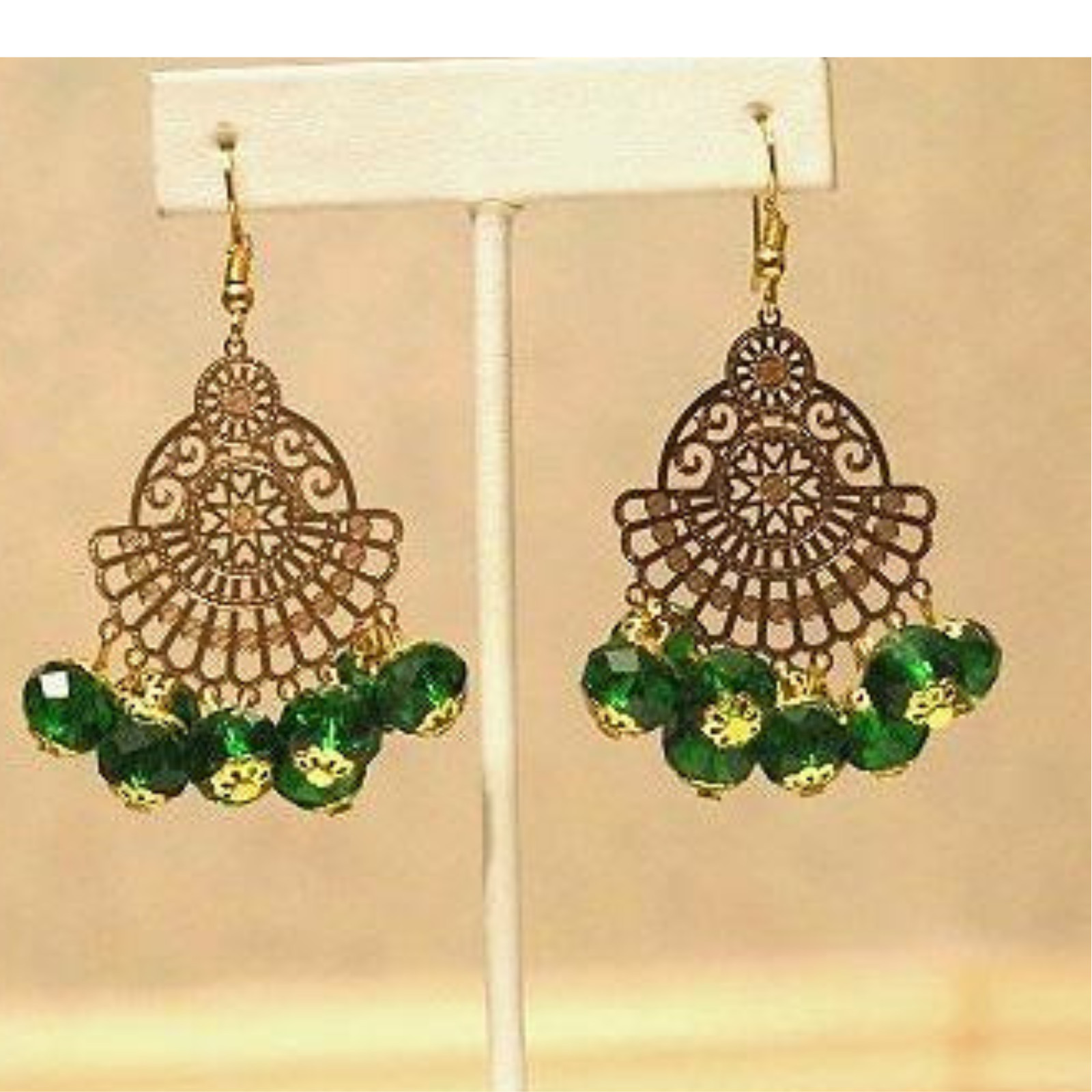 Handmade Emerald Green Filigree Statement Dangle Earrings Gold Tone Boho Women