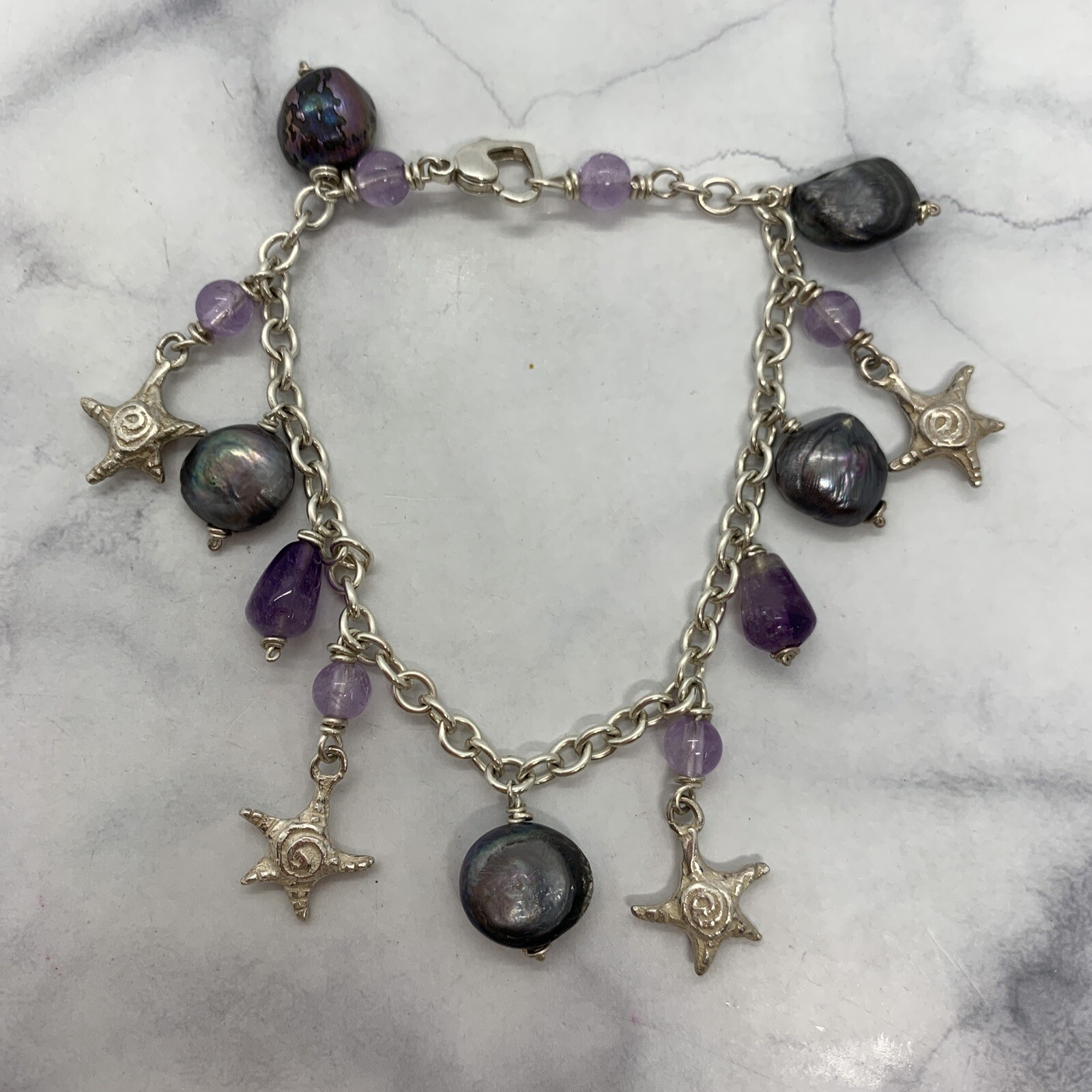 8″ Silver & Freshwater Pearl starfish Bracelet Weight 26.62 grams & Heart clasp