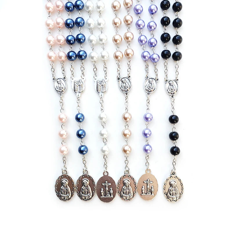 White Glass Pearl Rosary Seven Sorrows Pendant Necklace Long Beaded Catholic Pra