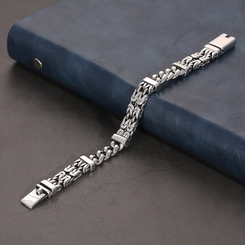 Real 925 Sterling Silver Curb With Double Byzantine Link Bracelet 7.48inch L