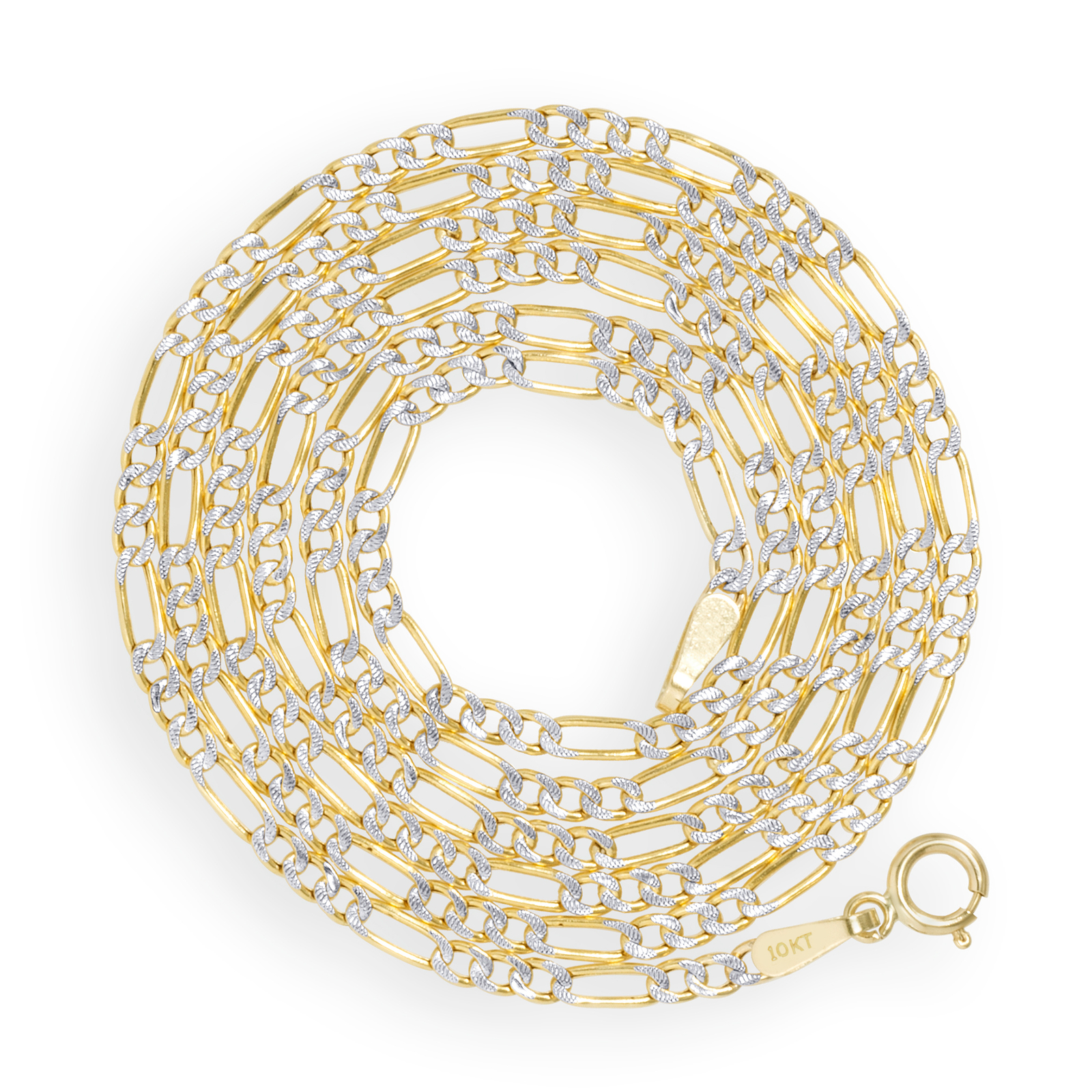 10K Yellow Gold 2mm Diamond Cut White Pave Figaro Chain Link Necklace 16″- 24″