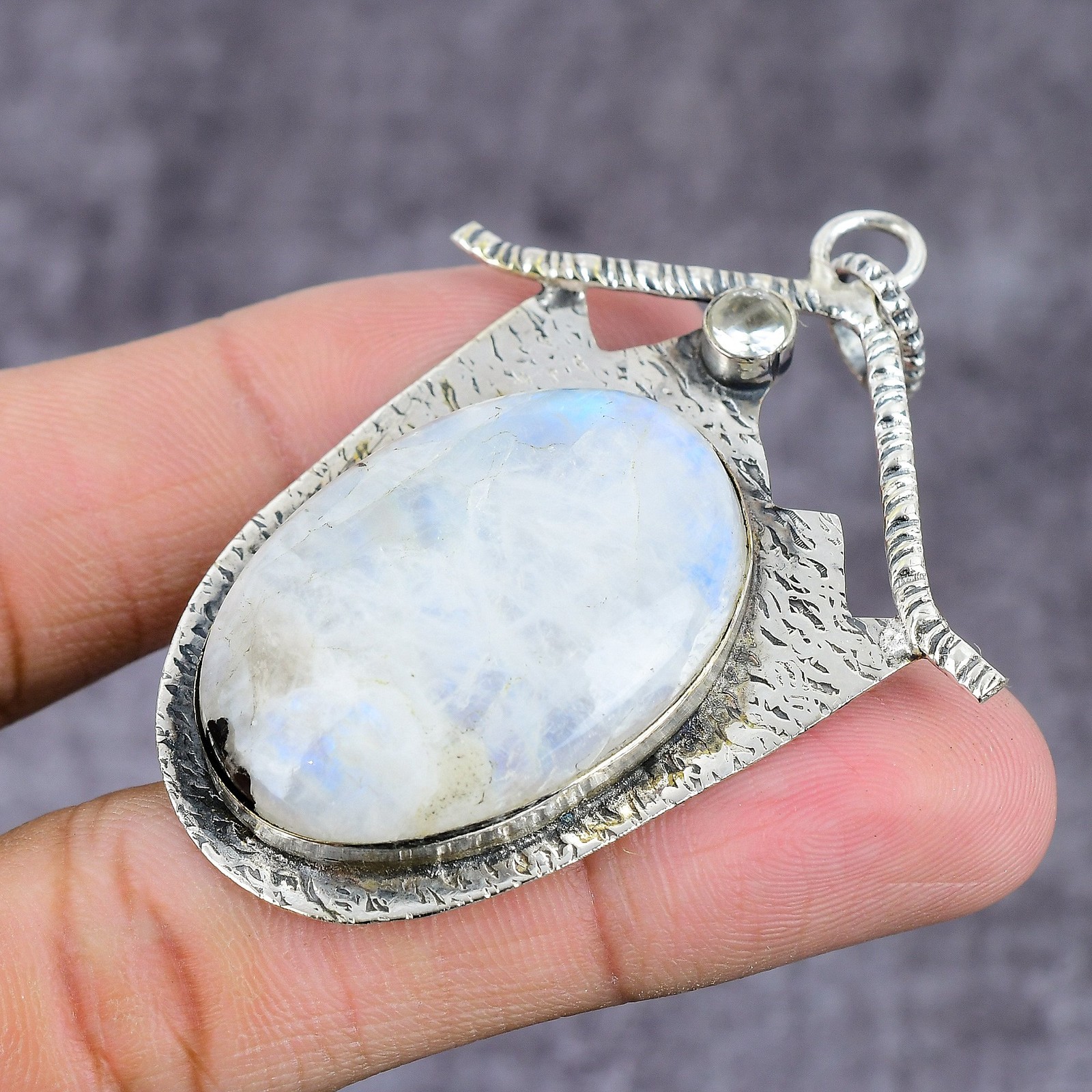 Natural Moonstone, White Topaz Gemstone 925 Sterling Silver Pendant 2.25″ O056