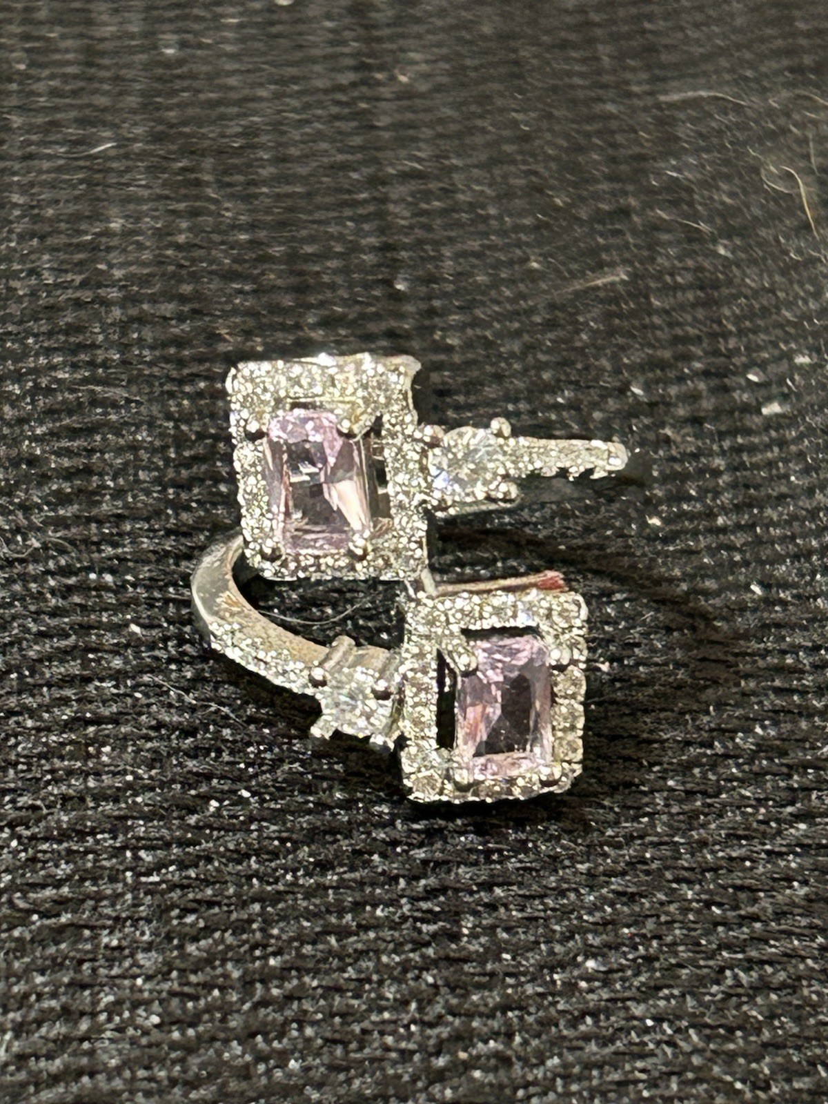 Bypass Style Square Pink W/ Clear Rhinestones Halo Cocktail Ring Size 5.5
