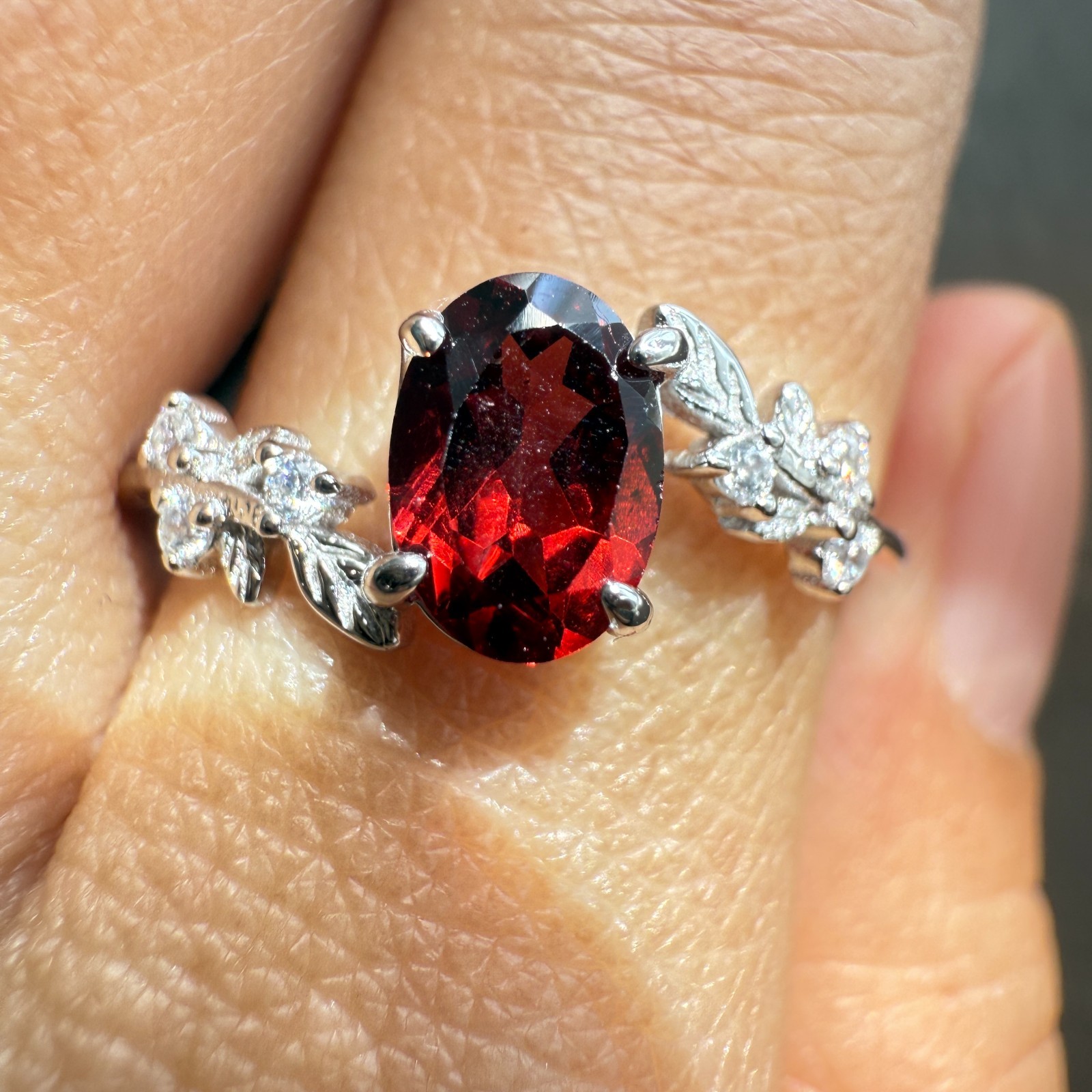 925 Sterling Silver Ring 7x5mm Natural Rhodolite Garnet Gemstone Zircon Flower