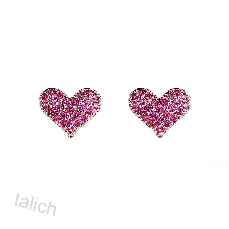 Shiny Rose Gold Plated Hot Pink Fuchsia CZ Pave Small Heart Stud Earrings Cute!