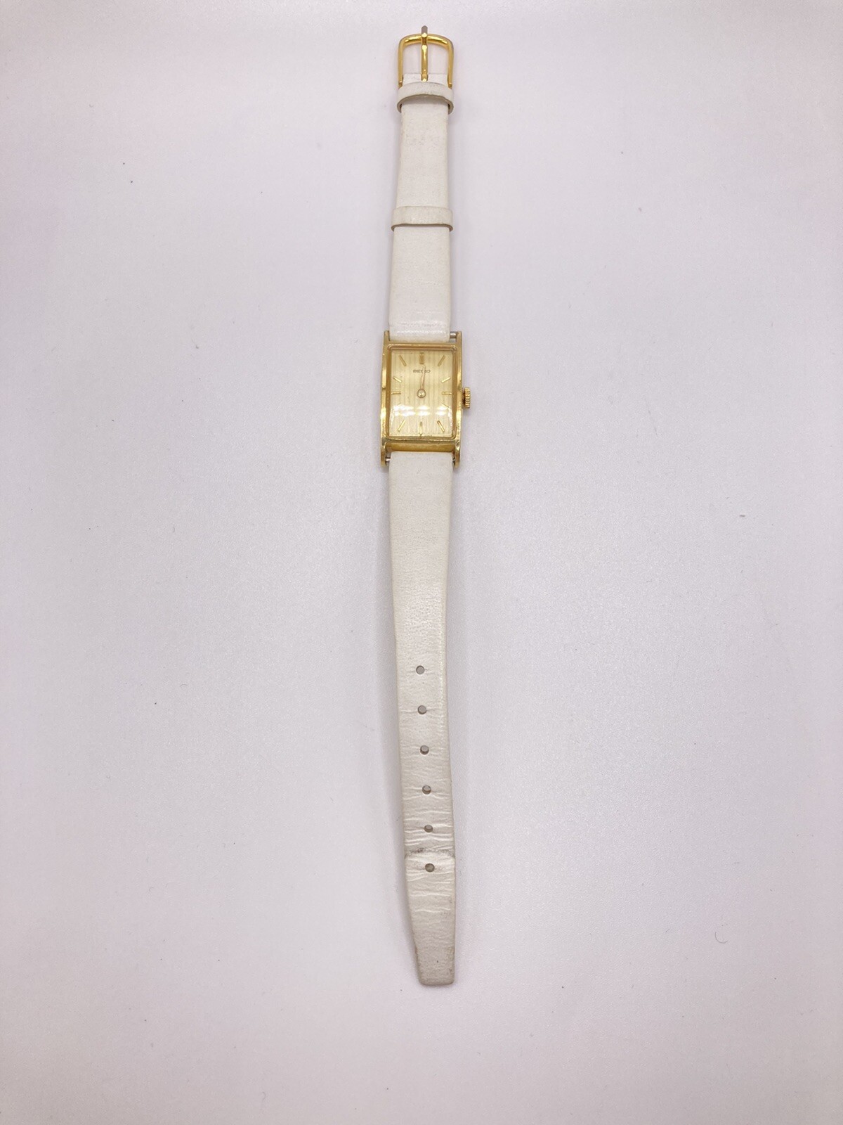 Vintage Seiko 5370R Ladies Gold Tone Bezel White Leather Calf Skin Strap Watch
