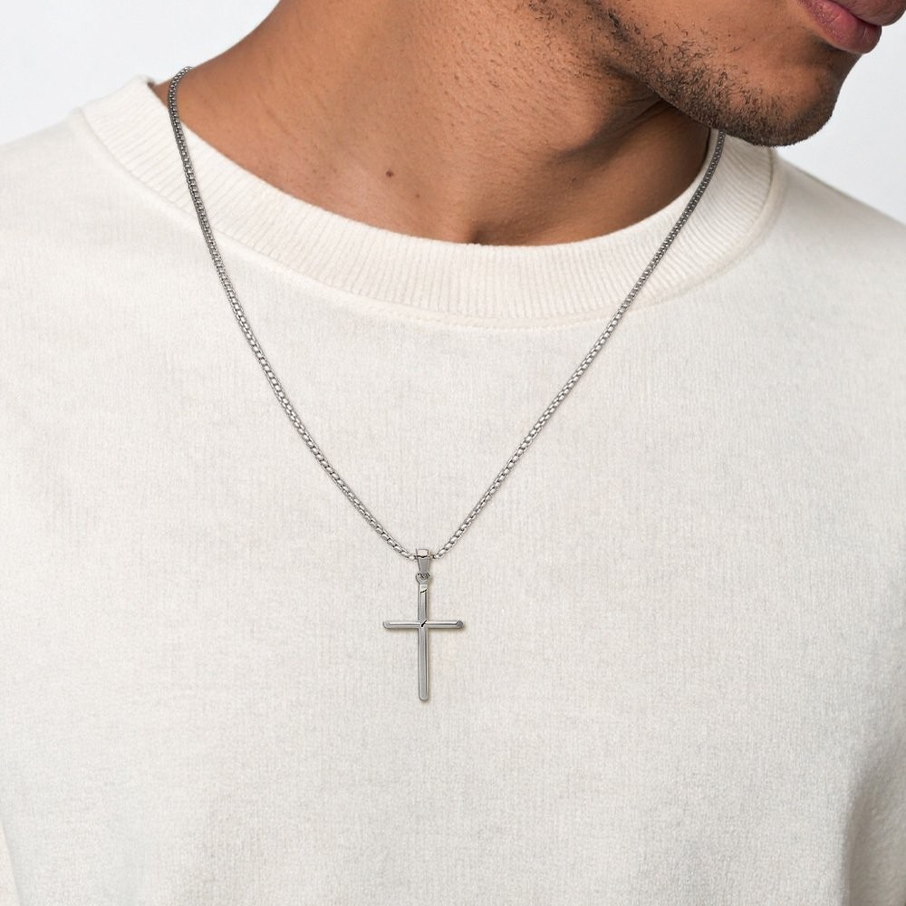 10K Solid White Gold Fleur De Lis Large Tubular Cross Pendant Necklace 35.6mm