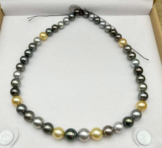 Stunning 17″11-14mm Natur South Sea Genuine Black Gray Gold Round Pearl Necklace