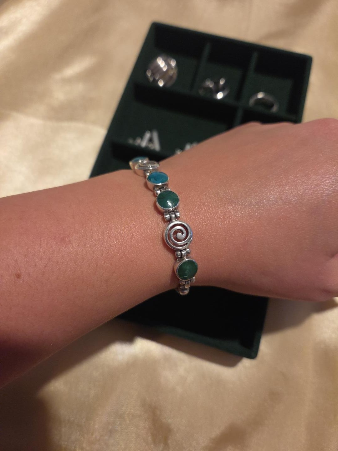 Vintage Peruvian 950 Silver Artisan Bracelet Blue Green 8mm Gemstones 14g