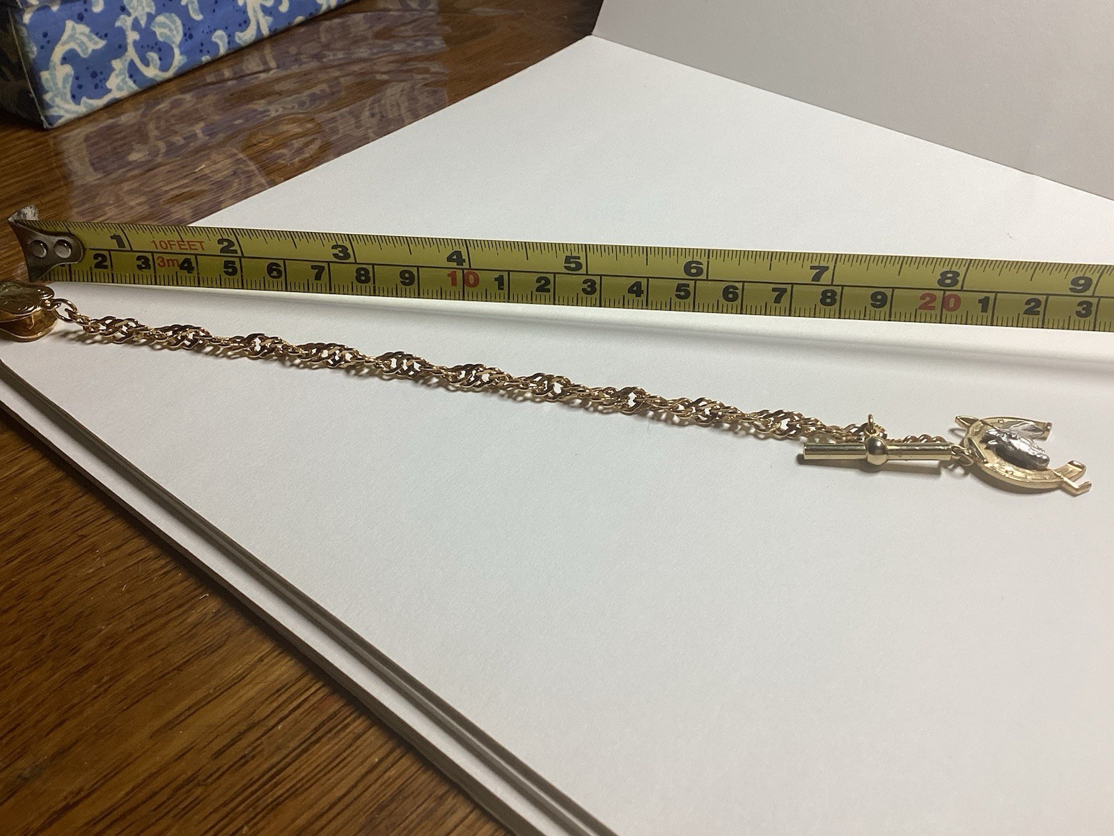 Bright Gold Watch Chain Horse Shoe Whip Silver Tone Horse Fob Vintage Free Ship