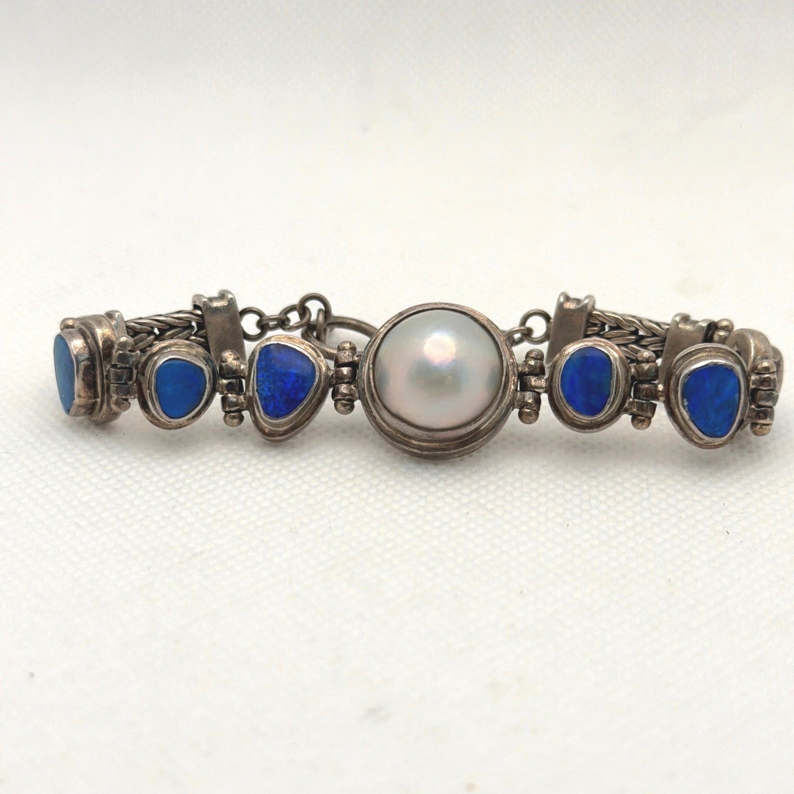 Women 8in 925Silver Excellent Mabe Pearl Blue Opal Bracelet